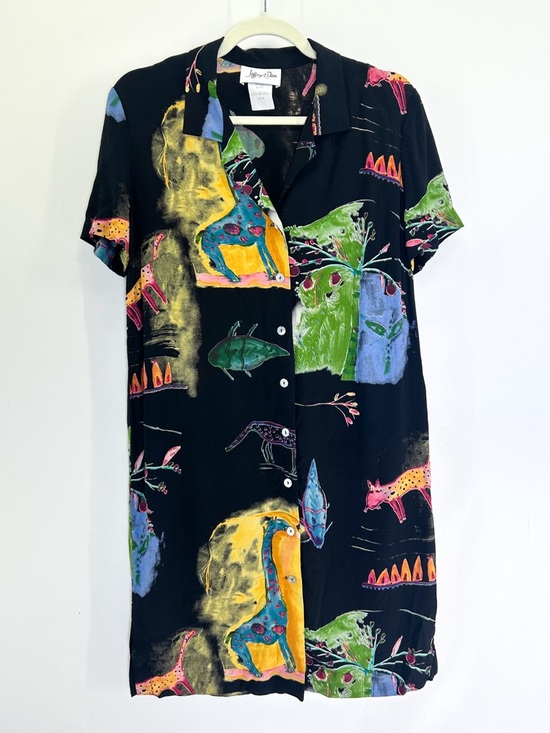Vintage Dresses & Skirts - Vintage Jeffrey & Dara 90s Rayon Button Down Shirt Dress Novelty Animal Print 10